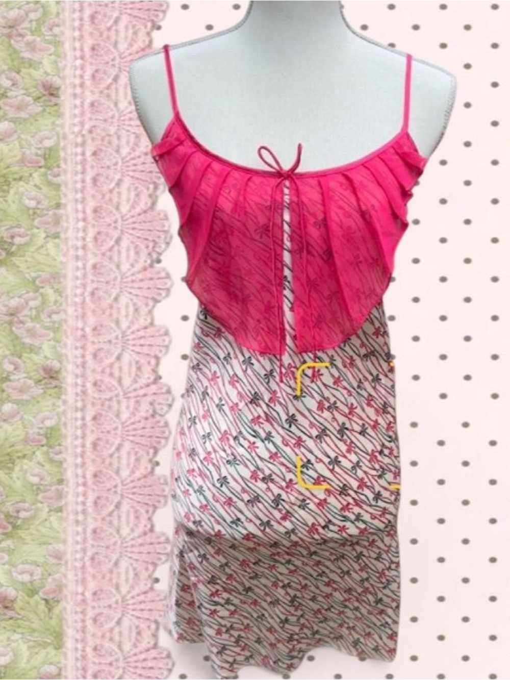 Pink Floral Print Slip Dress with Ruffled Bodice